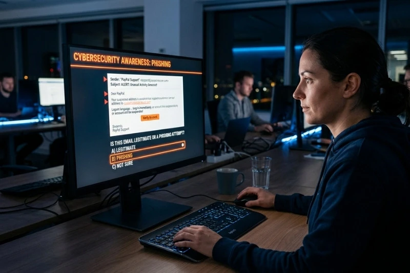 employee doing email phishing training