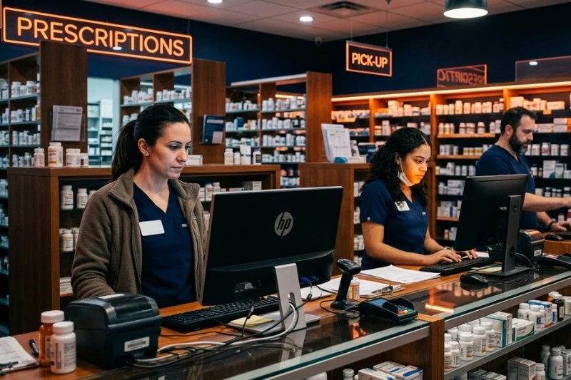 employees in pharmacy on hp computers