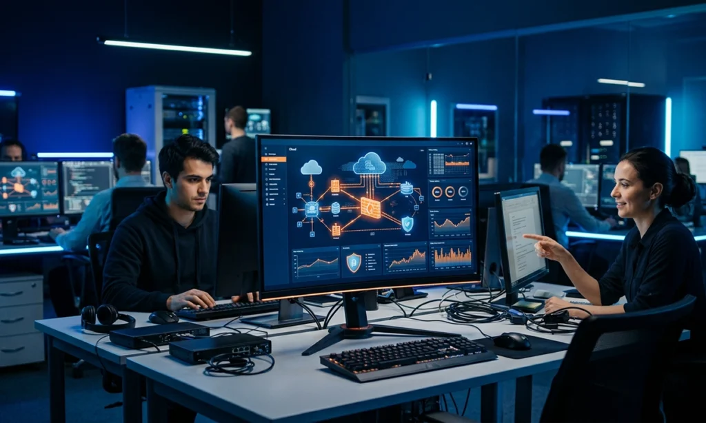 a group of business owners sitting around a computer, moving their business to the cloud