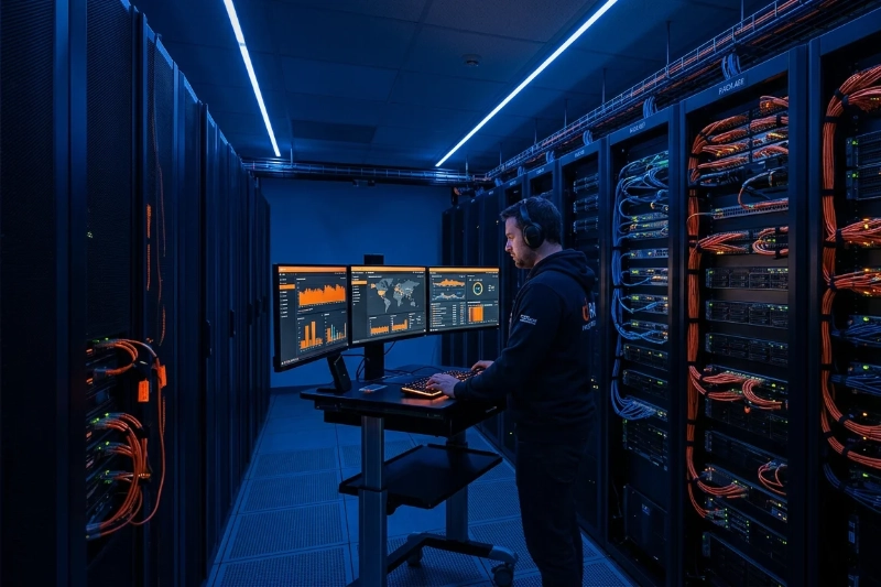 a man in a server room using network monitoring tools for businesses